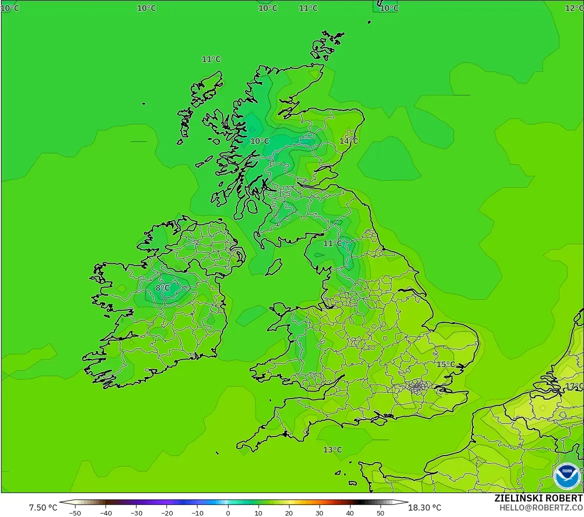 GFS model - United Kingdom, Temperature at 2m