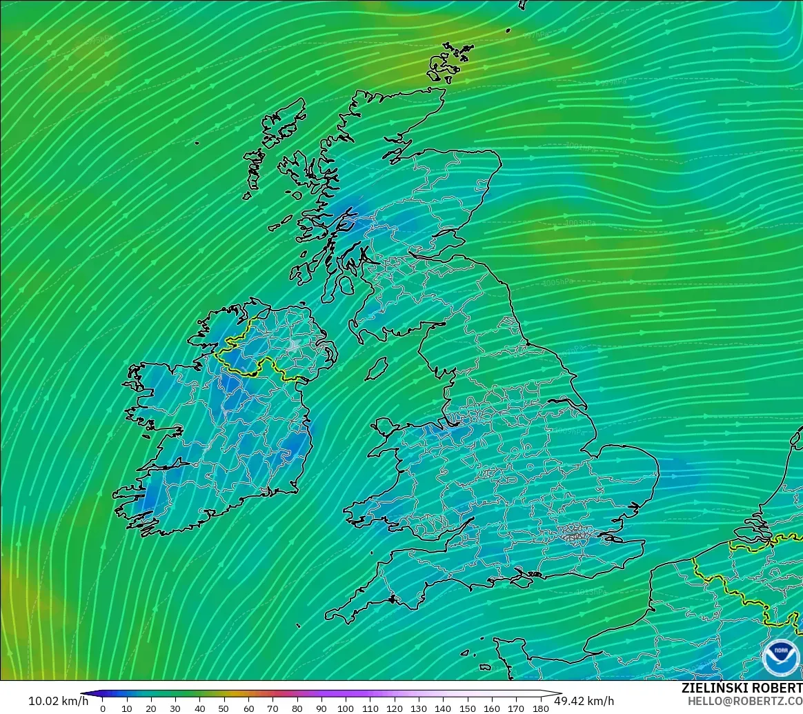 GFS model - United Kingdom, Wind at 10m