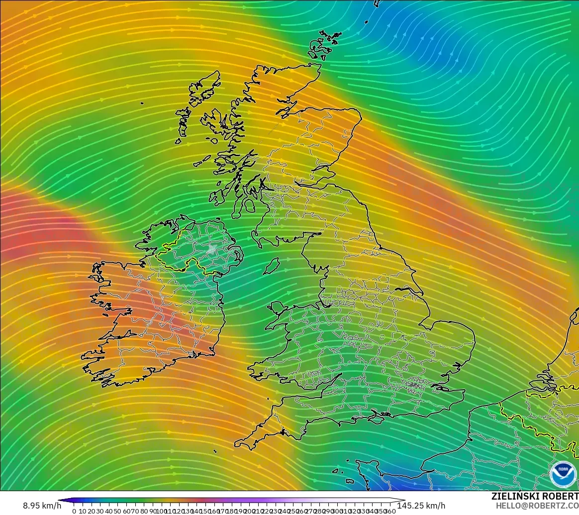 GFS model - United Kingdom, Wind at 300hPa (jet stream)