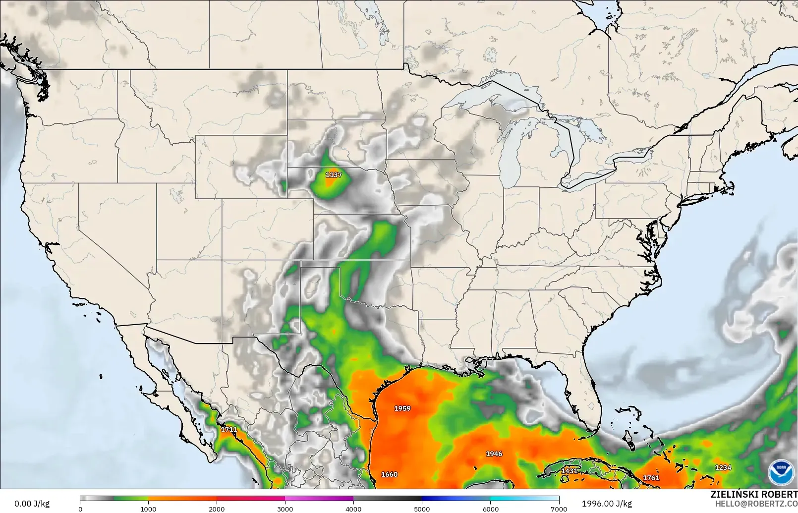 GFS model - United States, CAPE