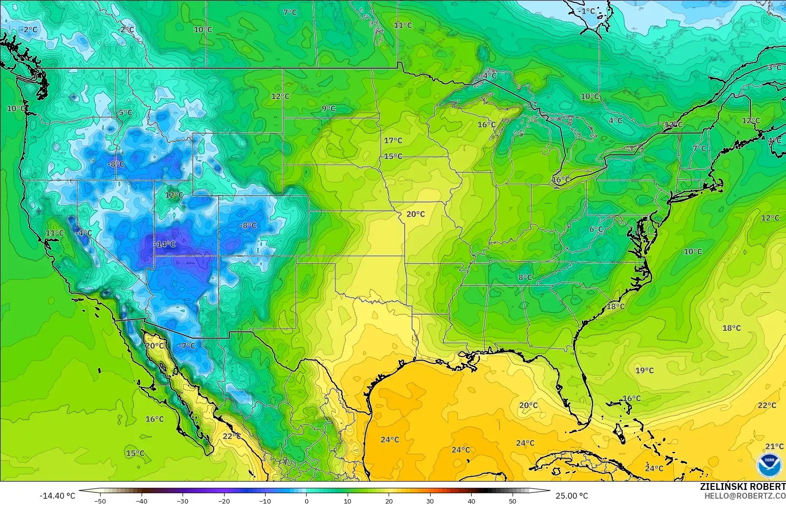 GFS model - United States, Dewpoint at 2m