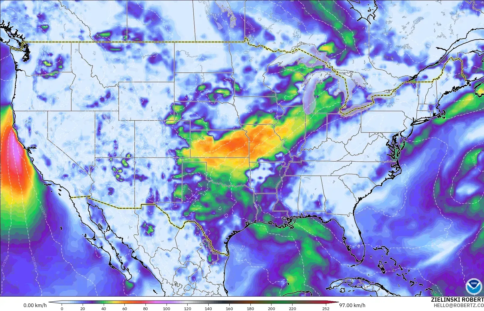 GFS model - United States, Wind Gusts