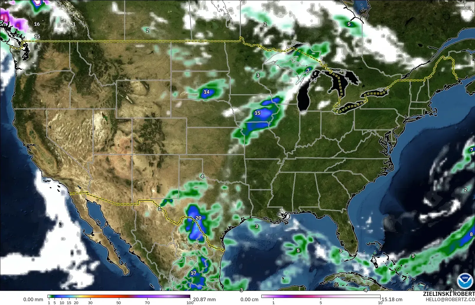 GFS model - United States, Precipitation, Clouds, and Pressure