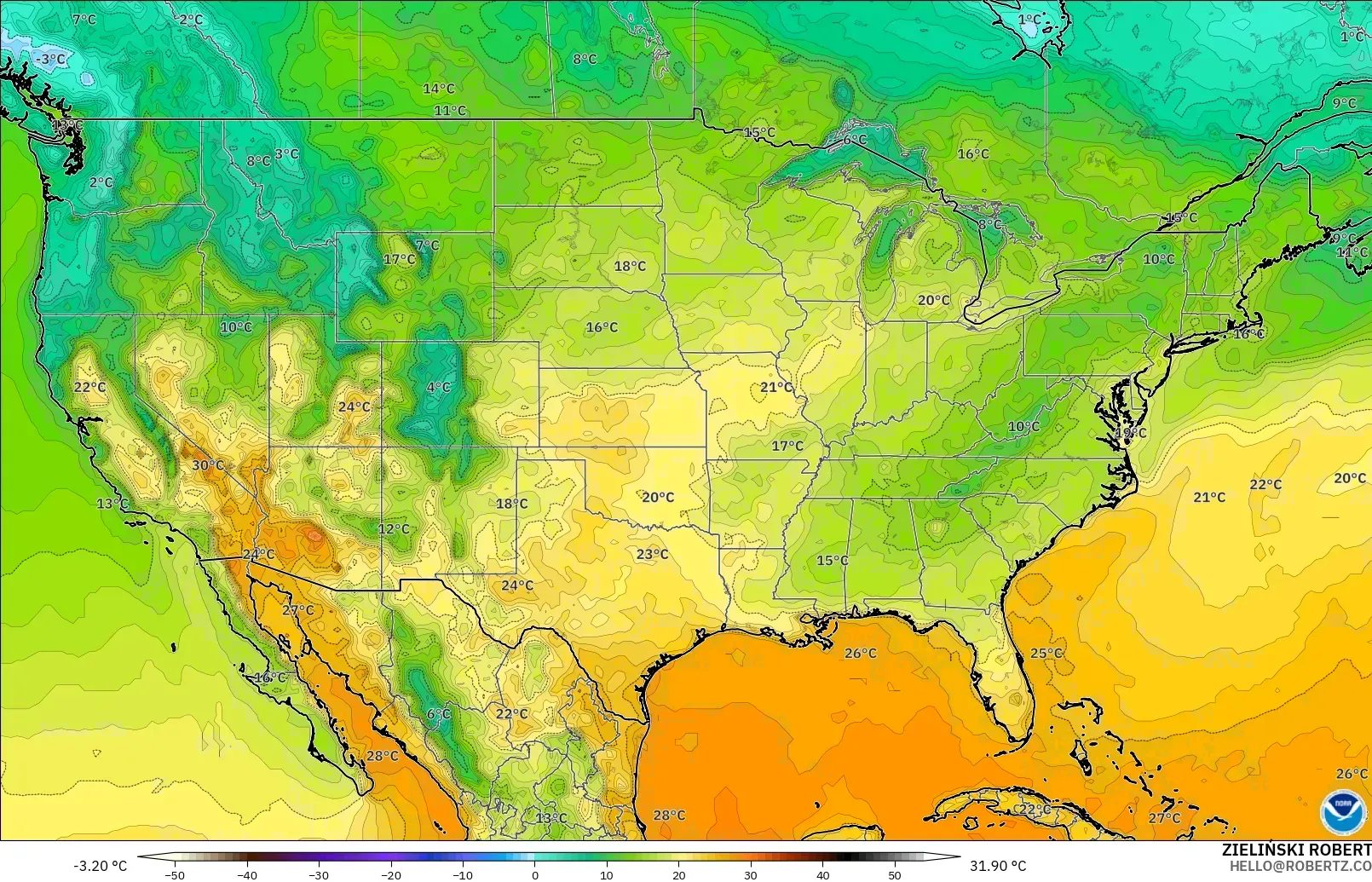 GFS model - United States, Temperature at 2m