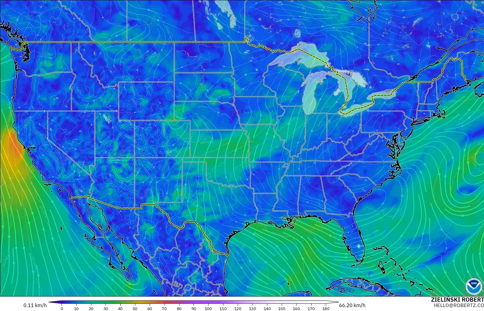 GFS model - United States, Wind at 10m