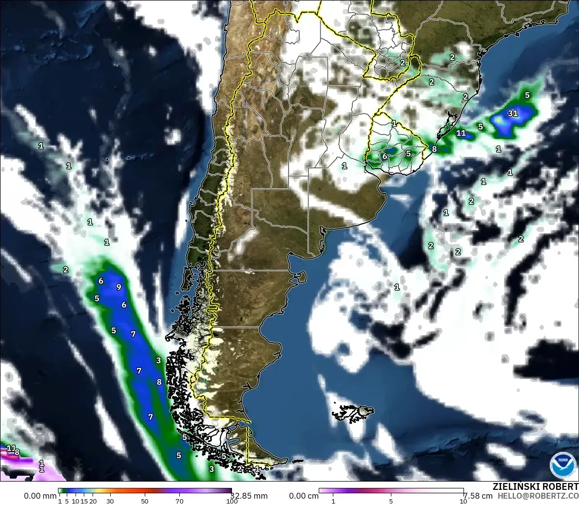 GFS modelo - Argentina, Precipitation, Clouds, and Pressure