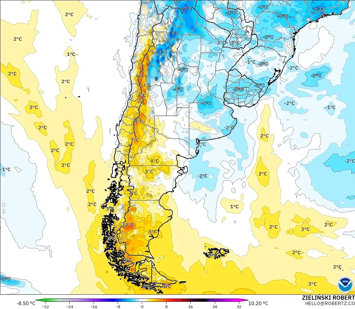 GFS modelo - Argentina, Temperature at 2m Anomaly