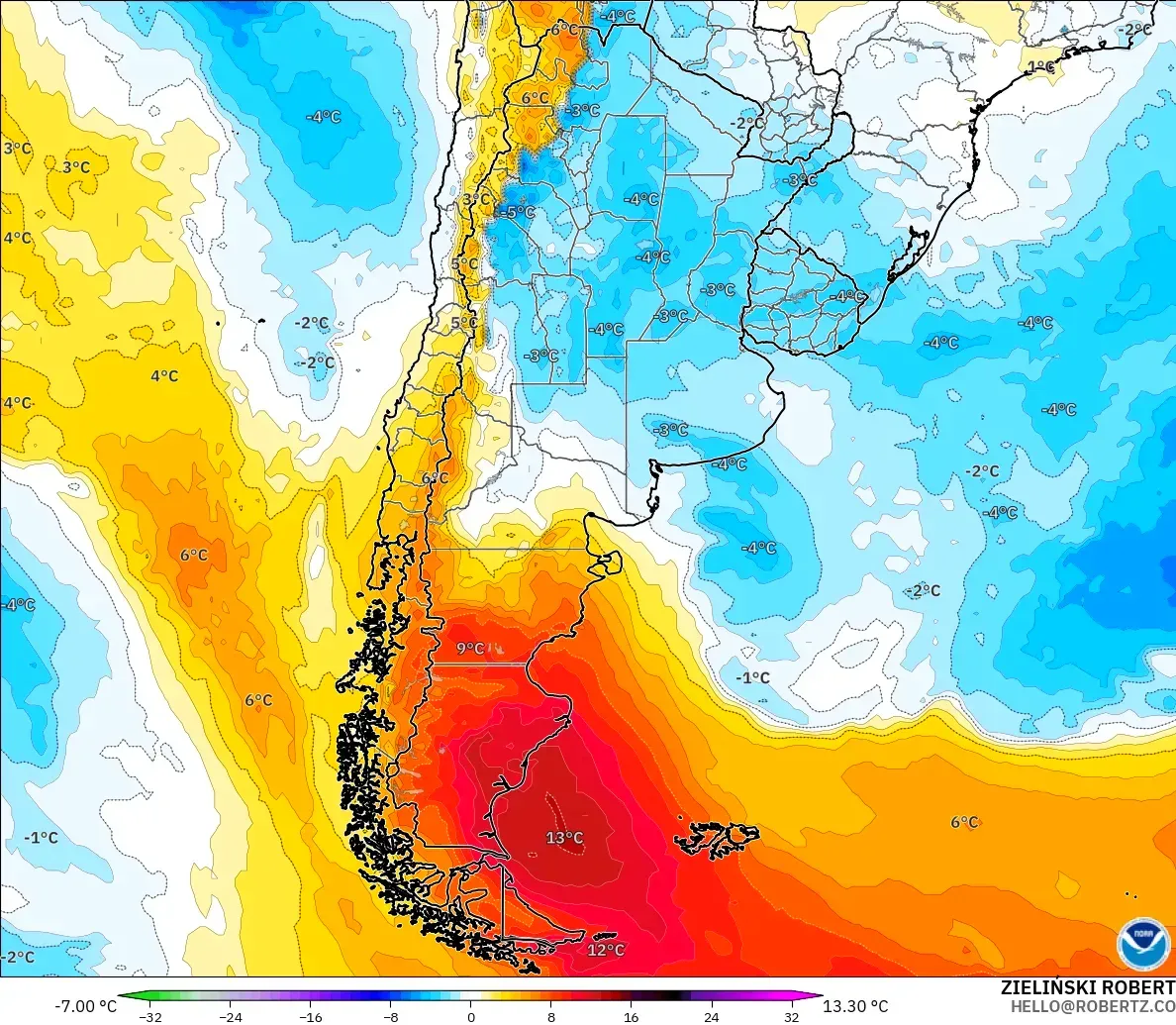 GFS model - Argentina, Anomali Suhu 850 hPa