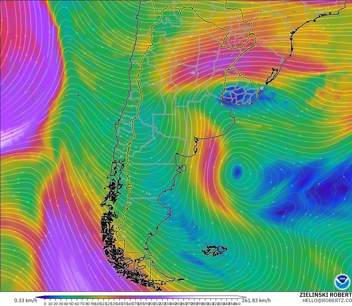 GFS model - Argentina, Angin 300 hPa (aliran jet)