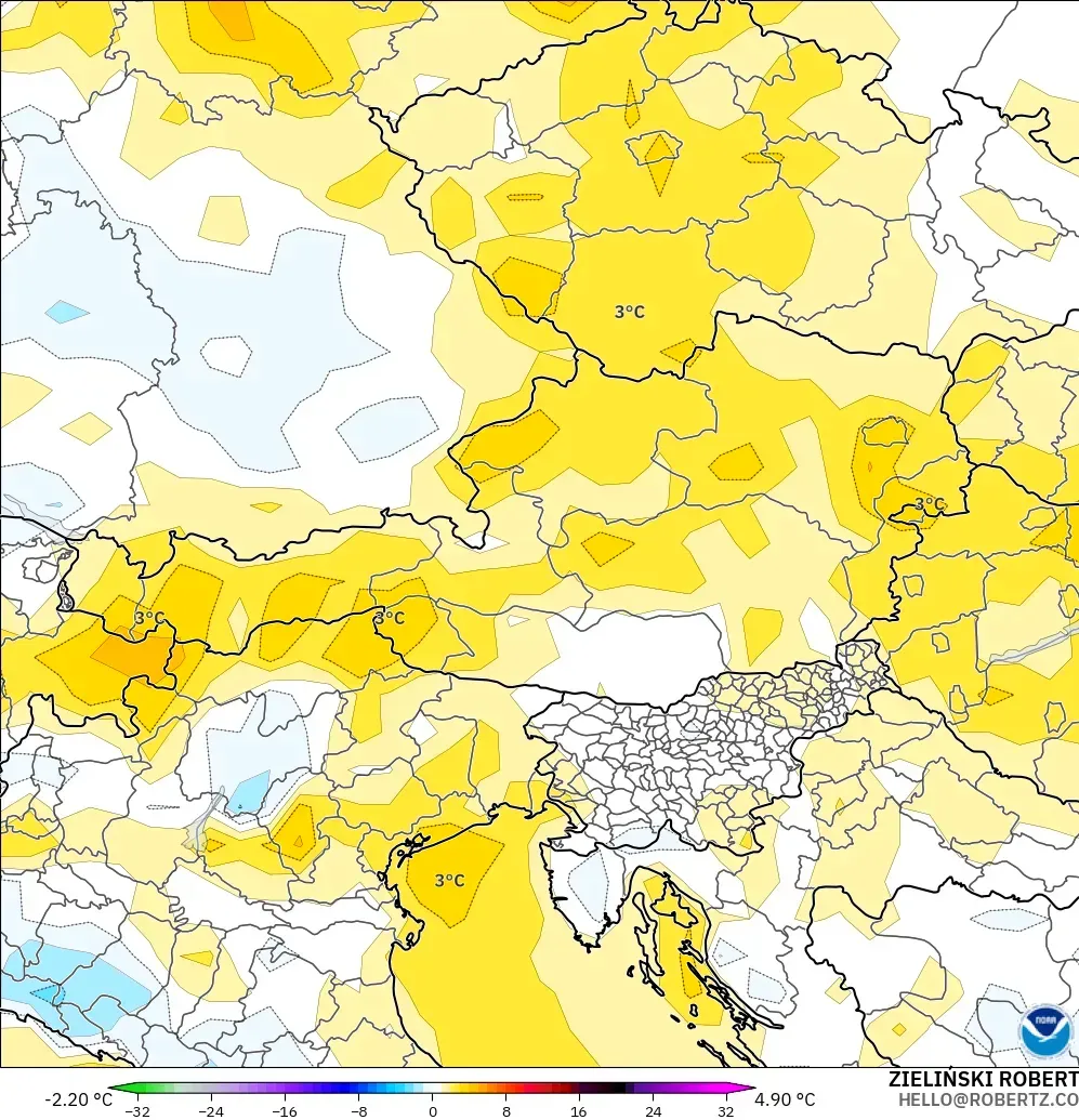 GFS modelo - Austria, Temperature at 2m Anomaly