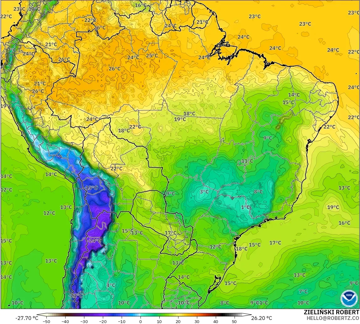 GFS modelo - Brazil, Dewpoint at 2m