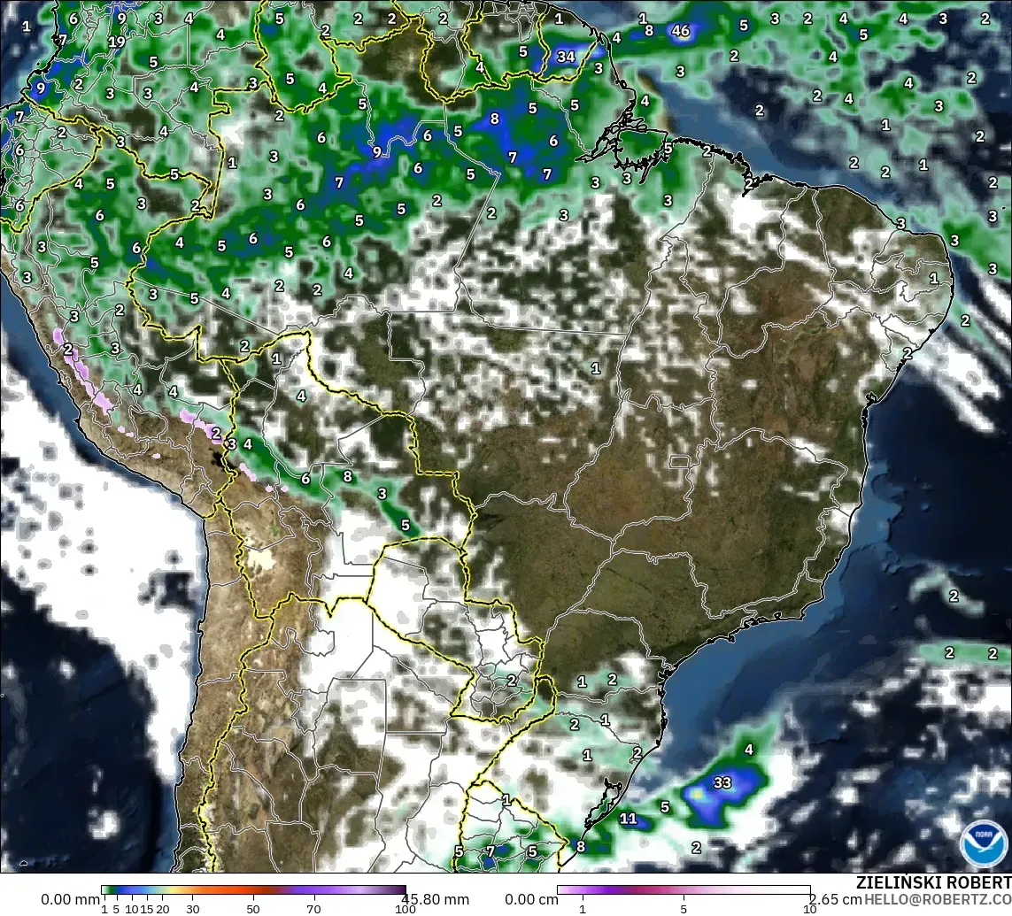 GFS modelo - Brazil, Precipitation, Clouds, and Pressure
