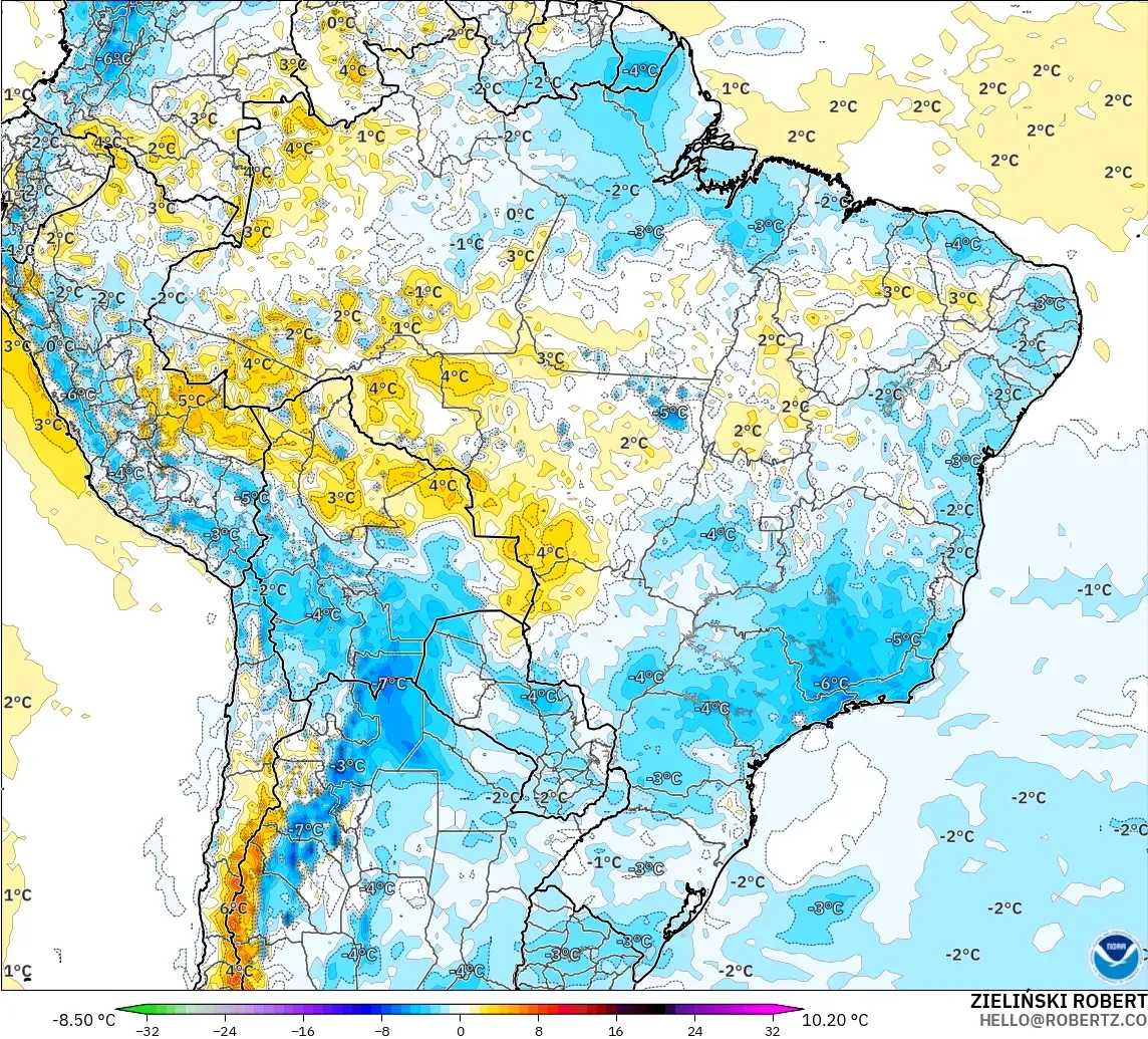 GFS modelo - Brazil, Temperature at 2m Anomaly