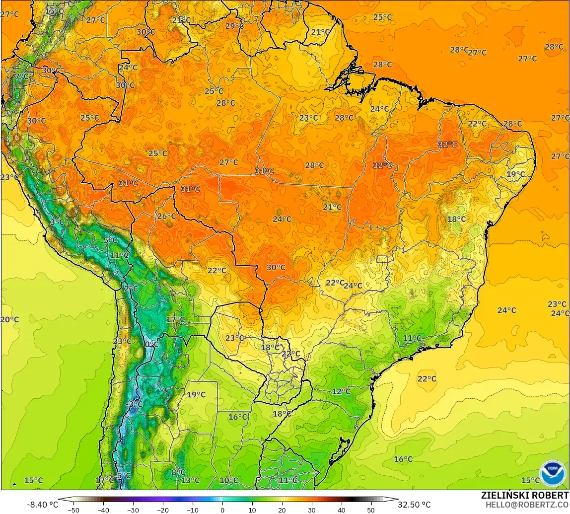 GFS modelo - Brazil, Temperature at 2m