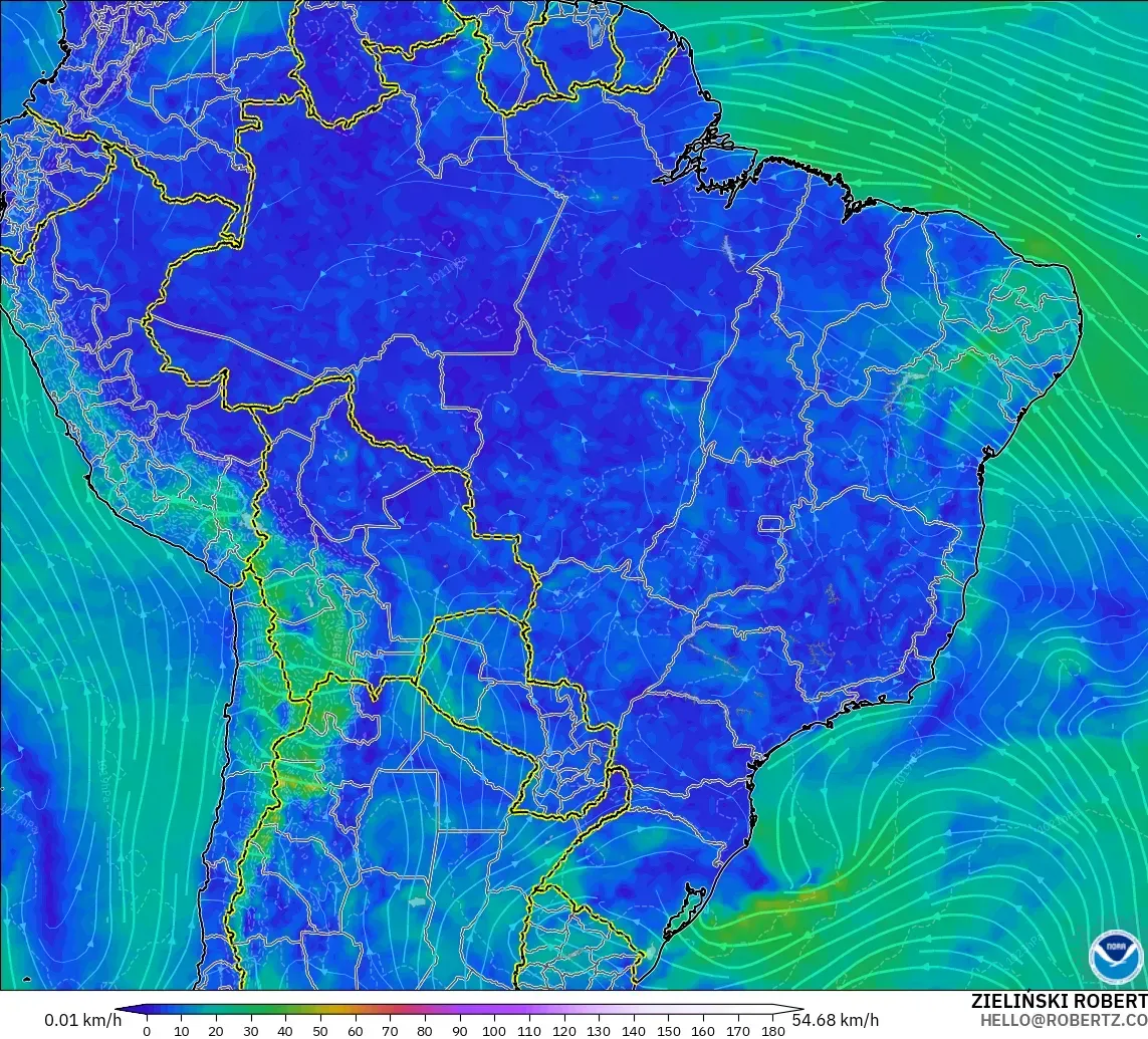 GFS modelo - Brazil, Wind at 10m