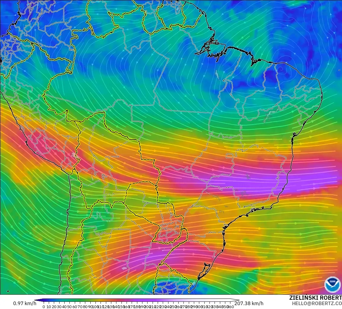 GFS modelo - Brazil, Wind at 300hPa (jet stream)