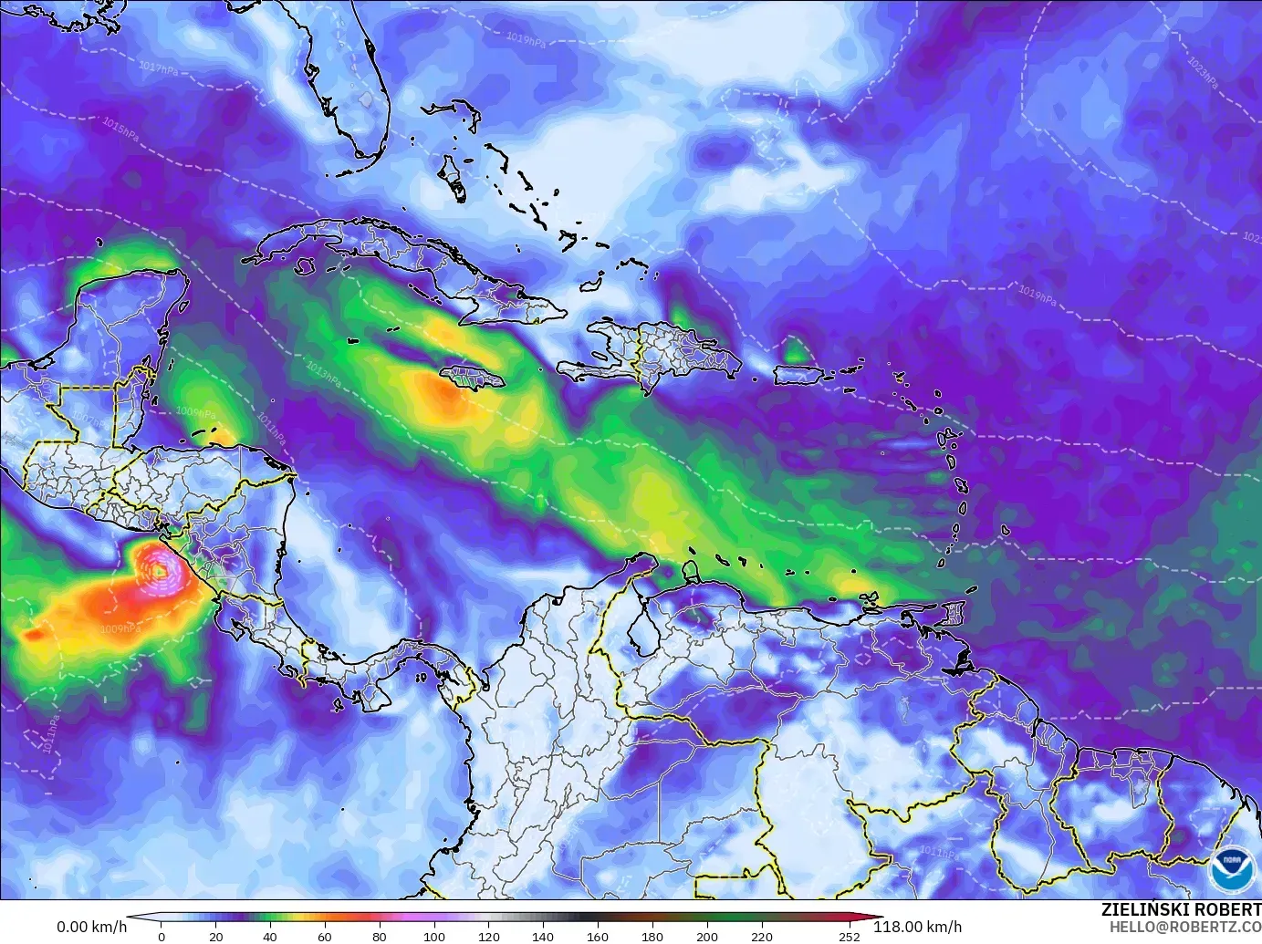 GFS modelo - Caribbean, Wind Gusts Peak