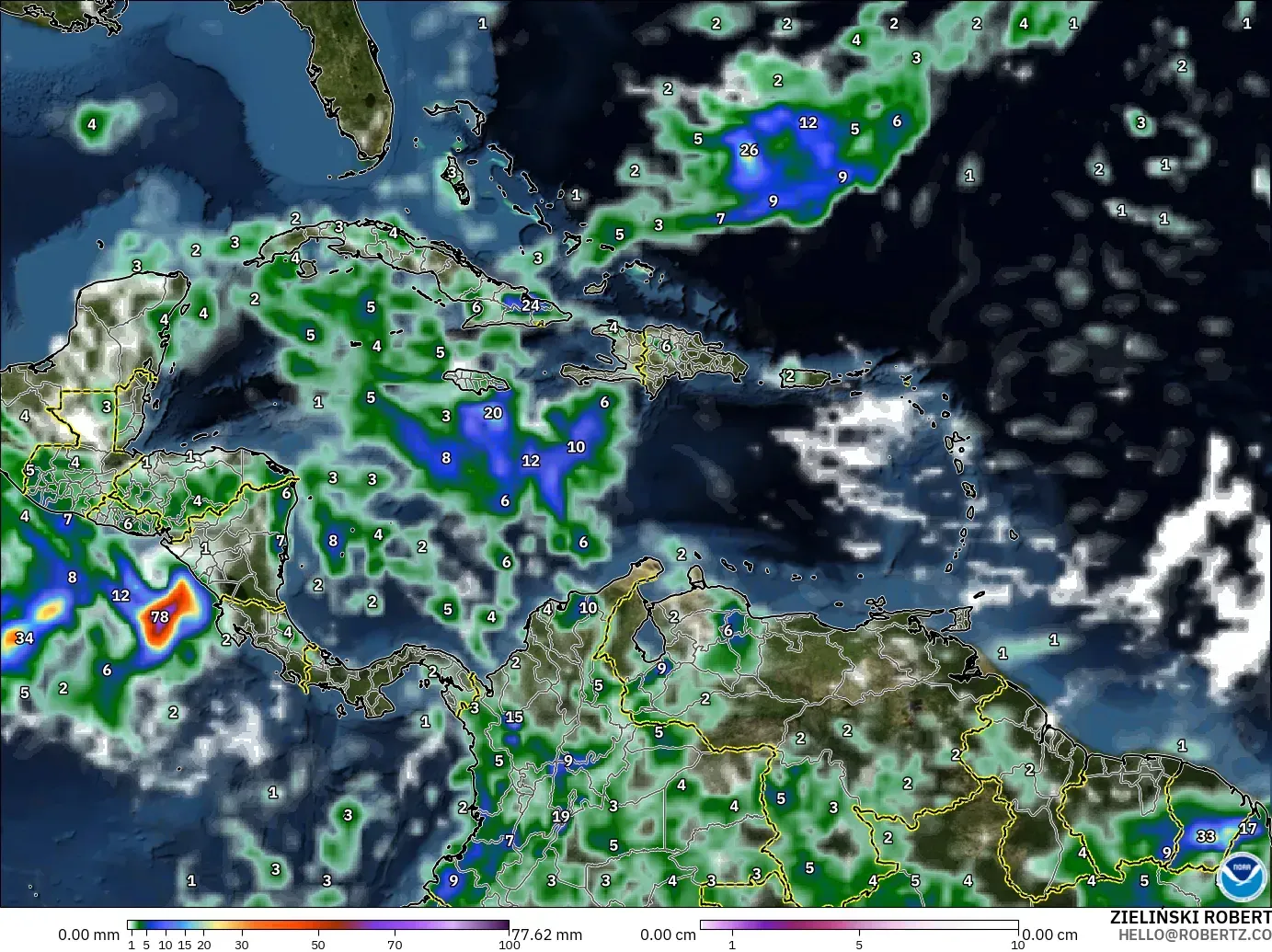 GFS modelo - Caribbean, Precipitation, Clouds, and Pressure