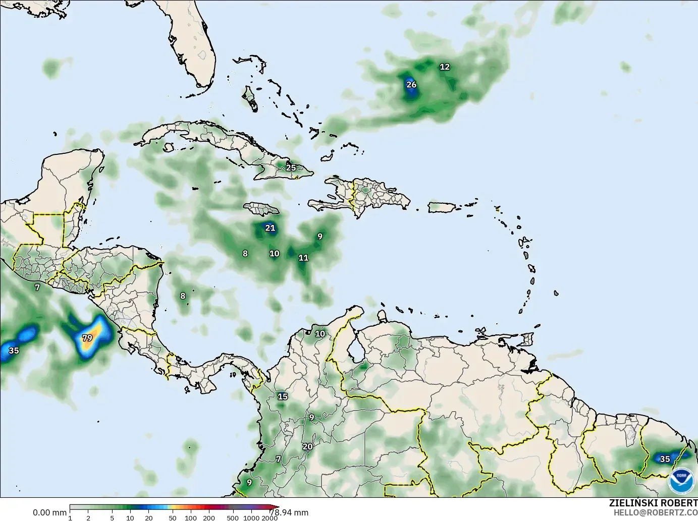GFS modelo - Caribbean, Precipitation Accumulation