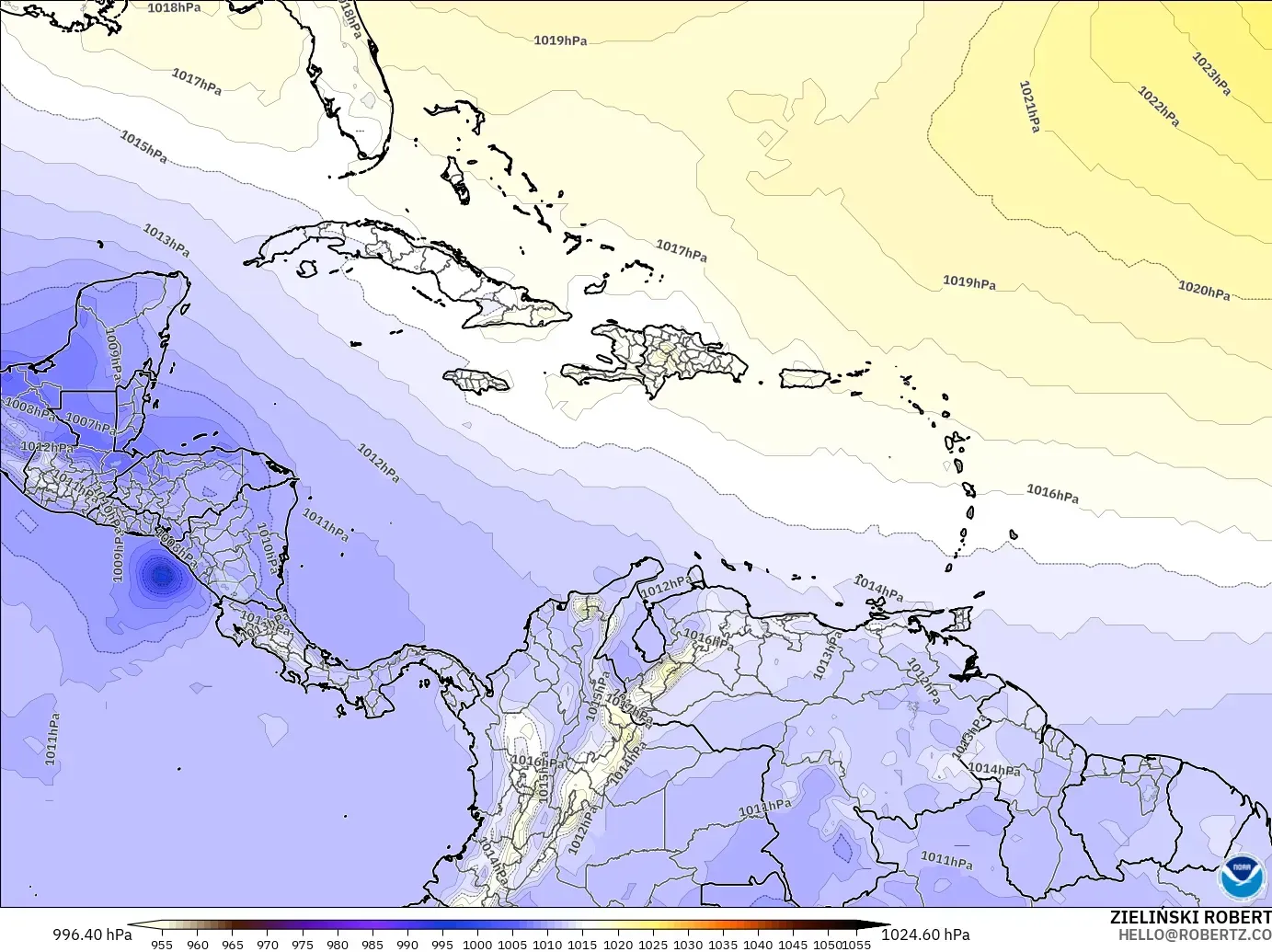 GFS modelo - Caribbean, Pressure