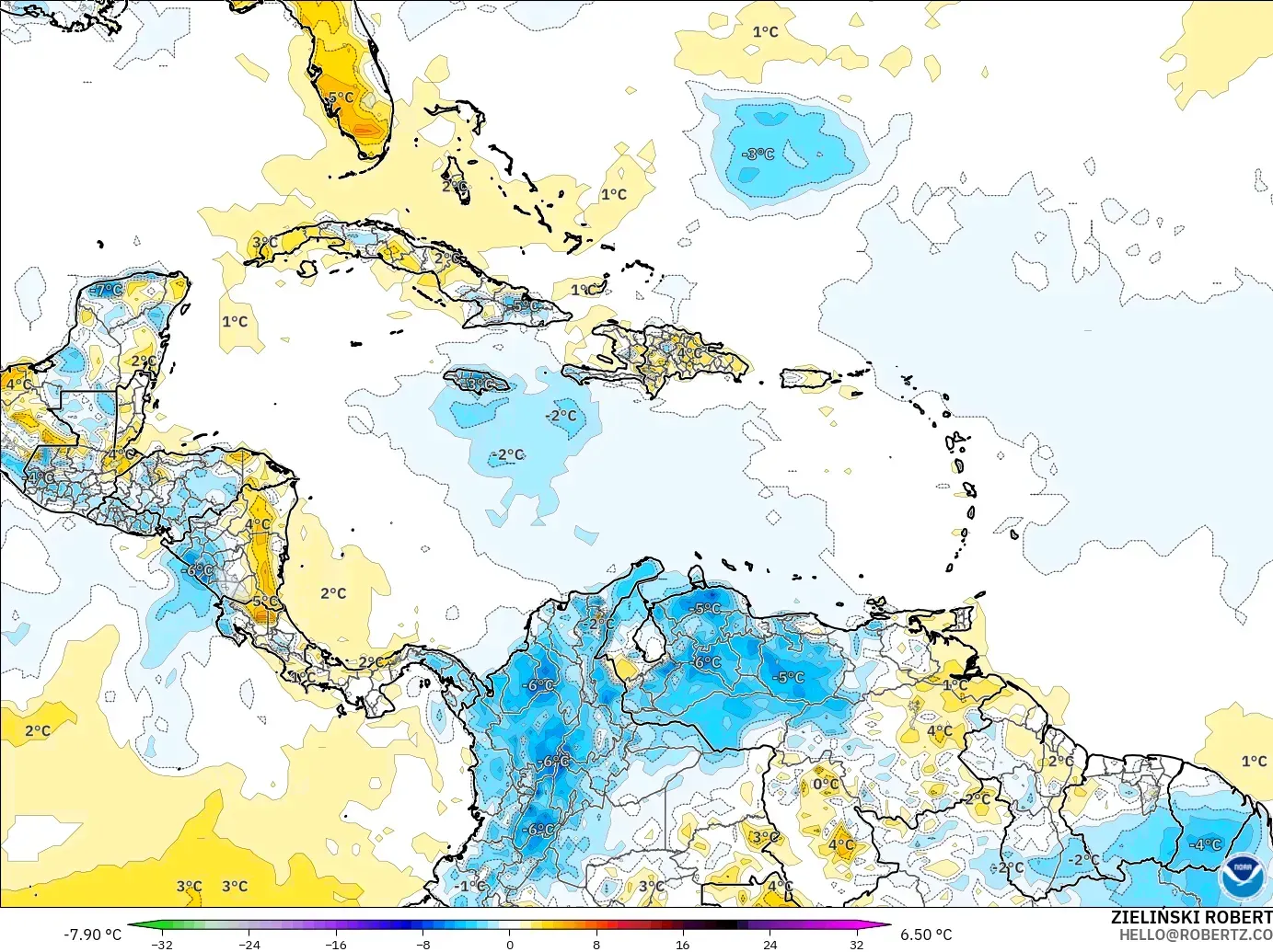 GFS modelo - Caribbean, Temperature at 2m Anomaly