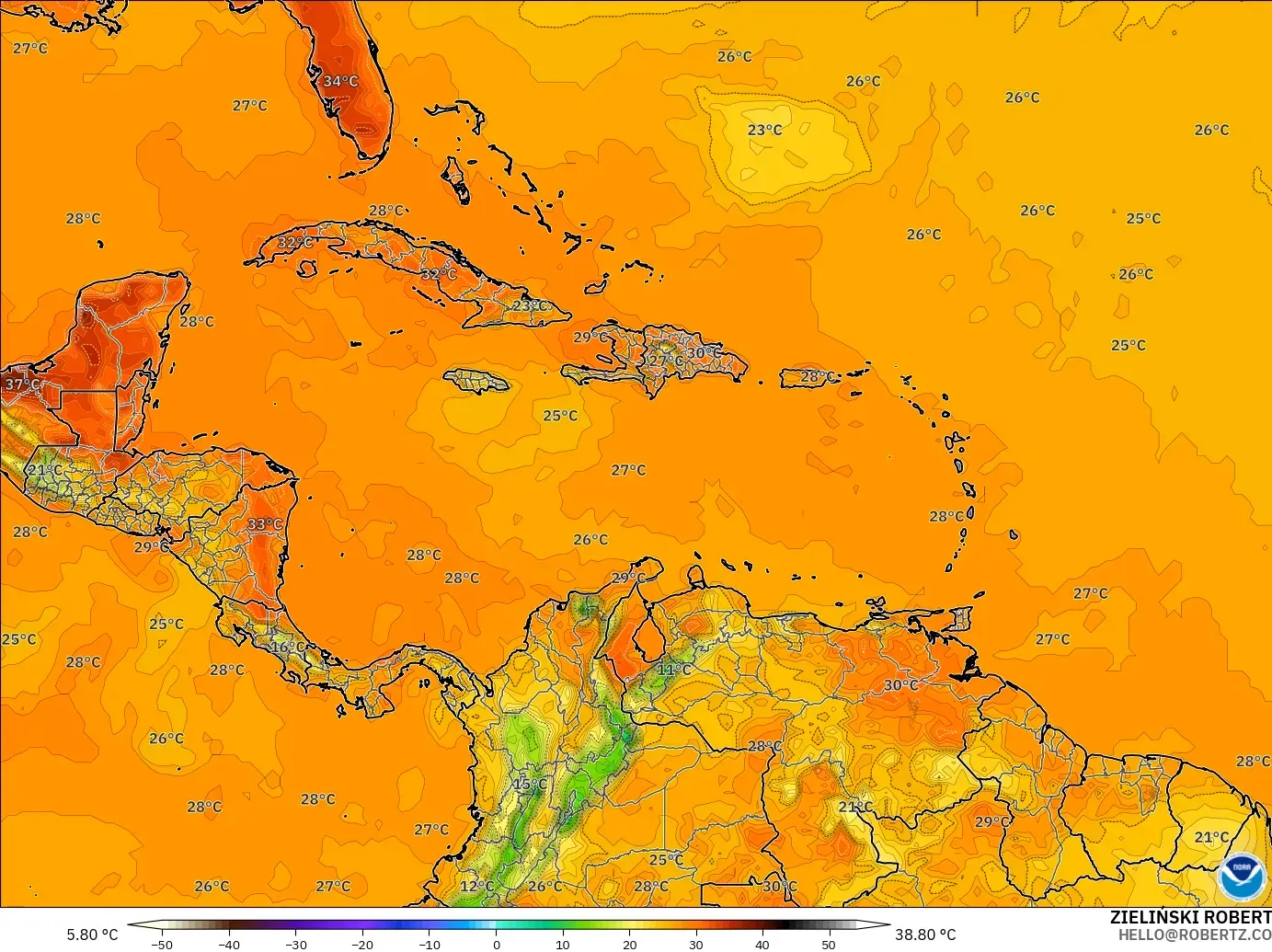 GFS model - Karibia, Suhu 2 m