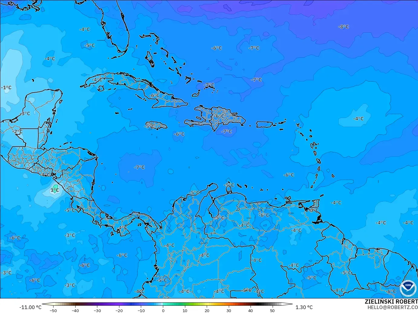GFS model - Karibia, Suhu 500 hPa