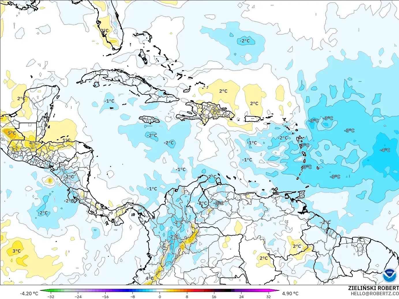 GFS model - Karibia, Anomali Suhu 850 hPa
