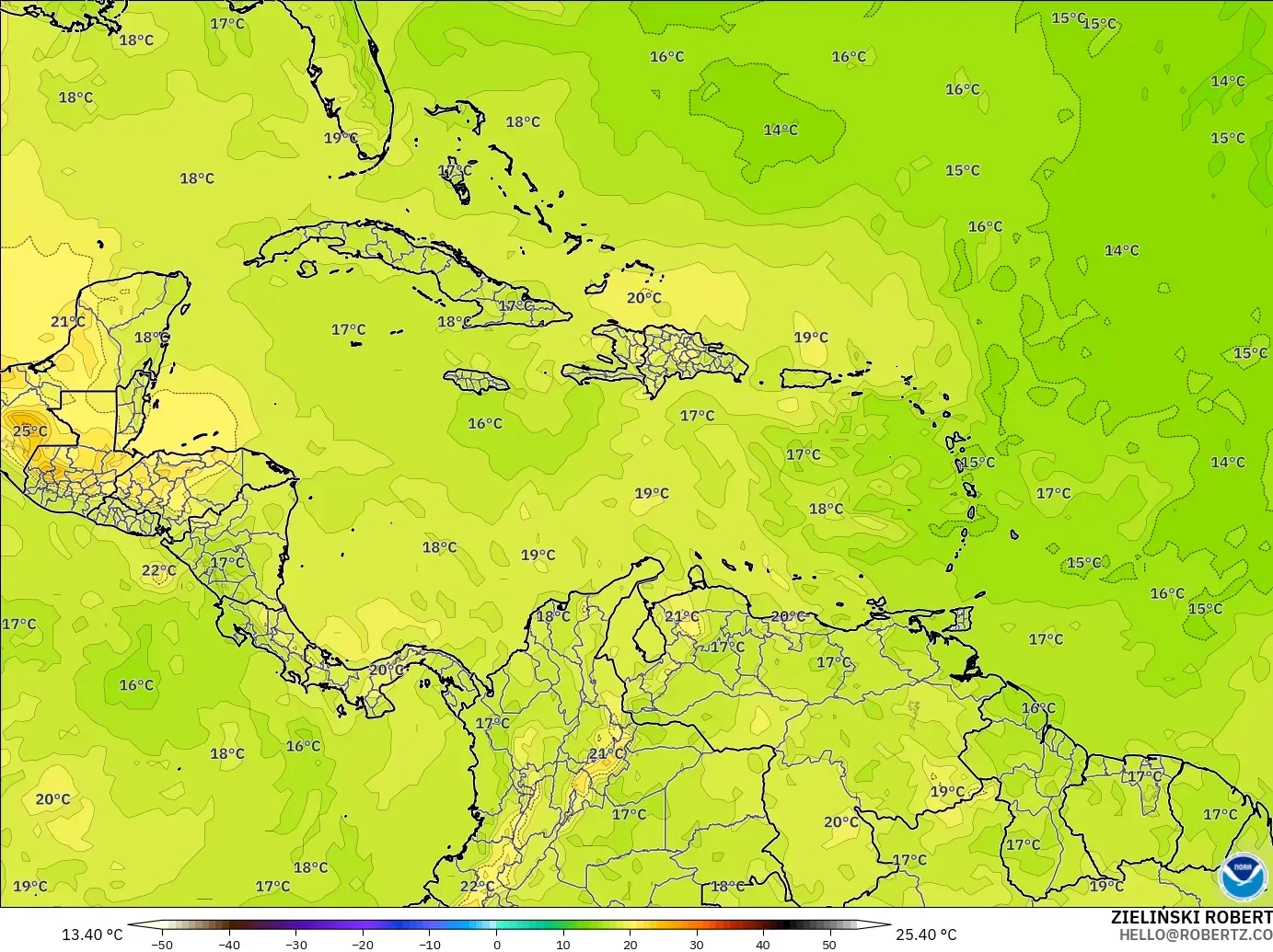 GFS model - Karibia, Suhu 850 hPa