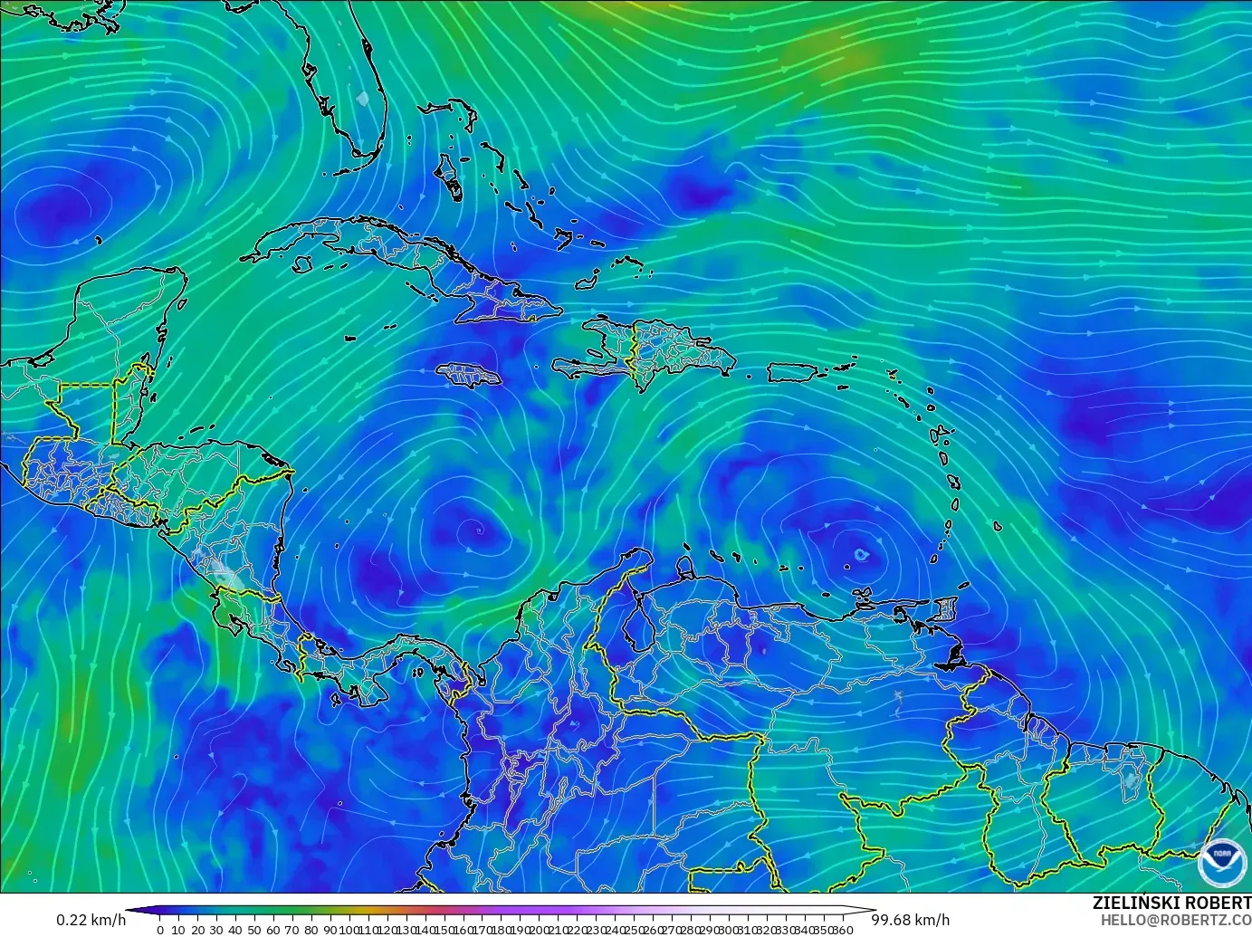 GFS modelo - Caribbean, Wind at 300hPa (jet stream)