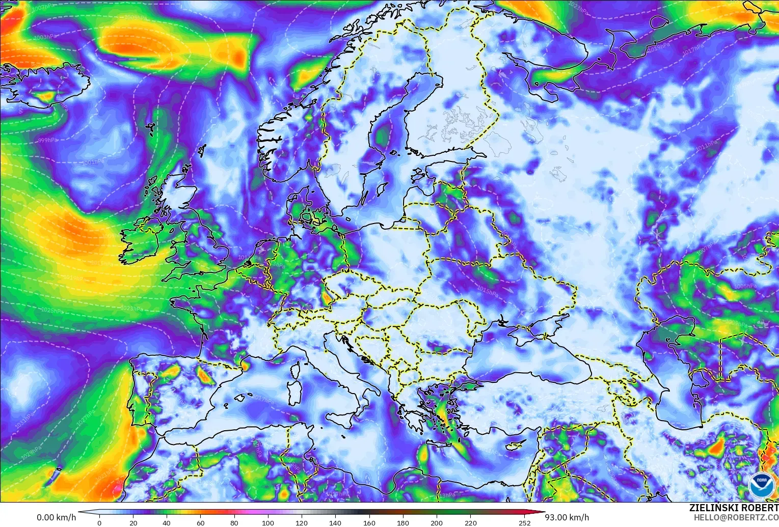 GFS model - Eropa, Puncak Hembusan