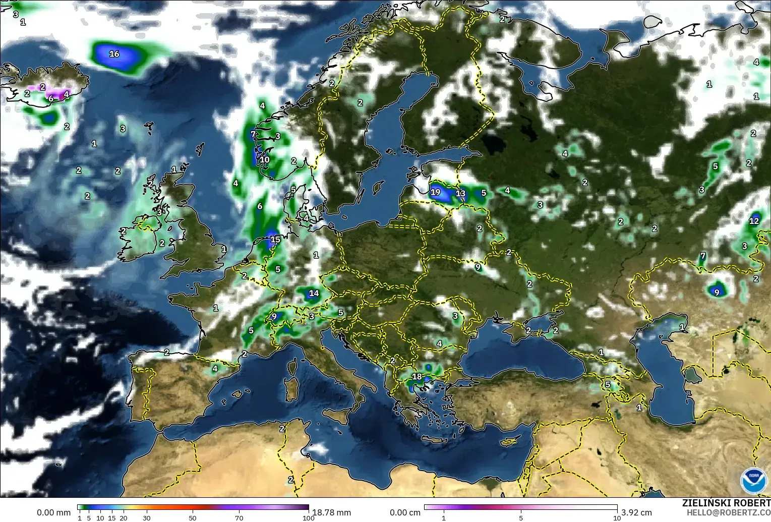 GFS modelo - Europe, Precipitation, Clouds, and Pressure