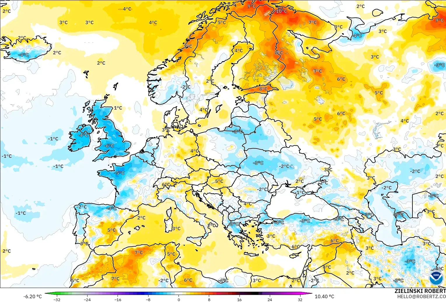 GFS model - Eropa, Anomali Suhu 2 m