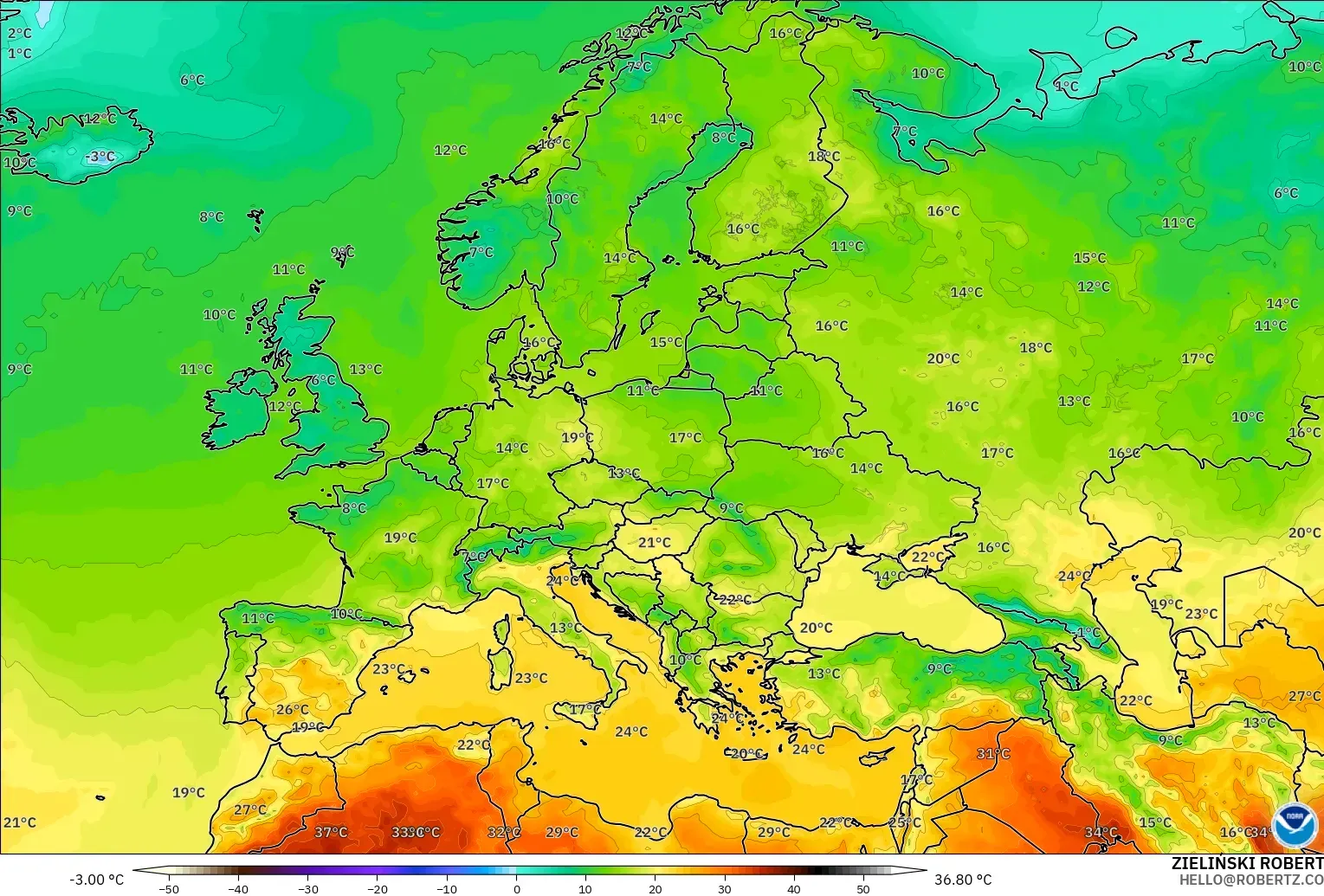 GFS modelo - Europe, Temperature at 2m