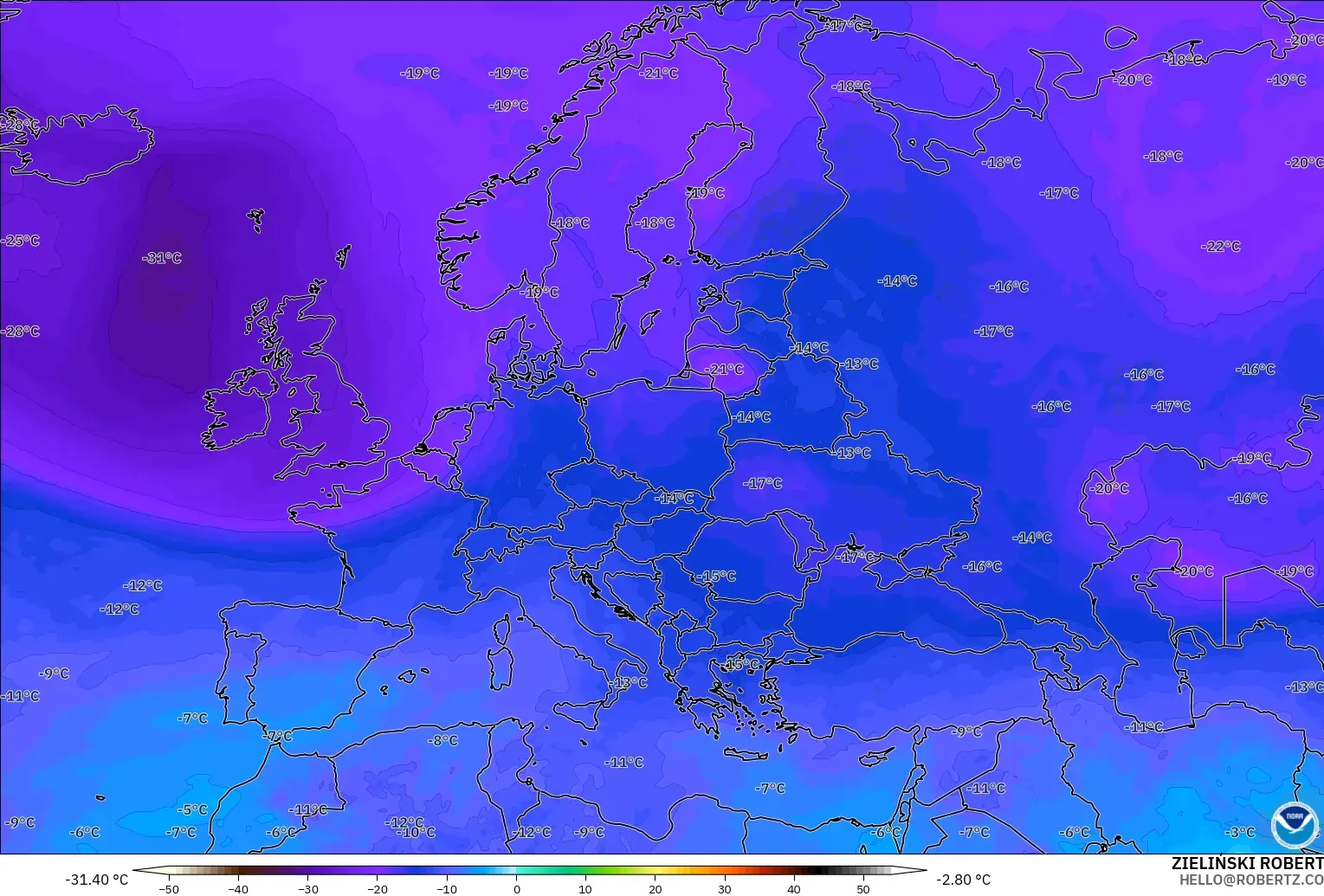 GFS modelo - Europe, Temperature at 500hPa