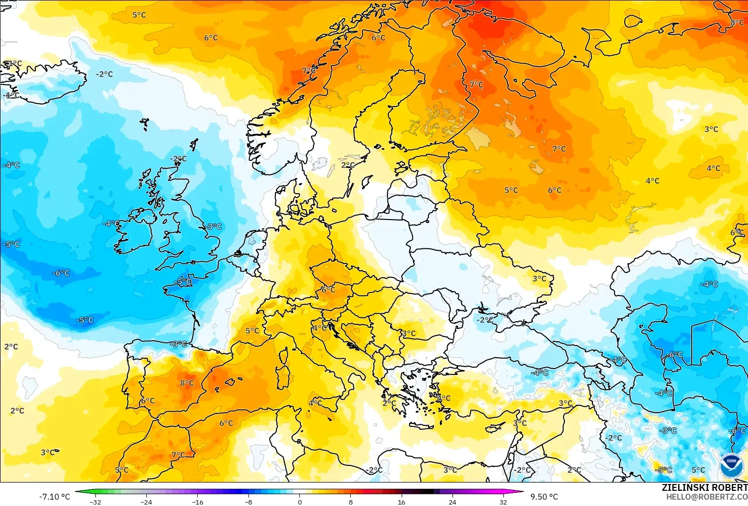 GFS modelo - Europe, Temperature at 850hPa Anomaly