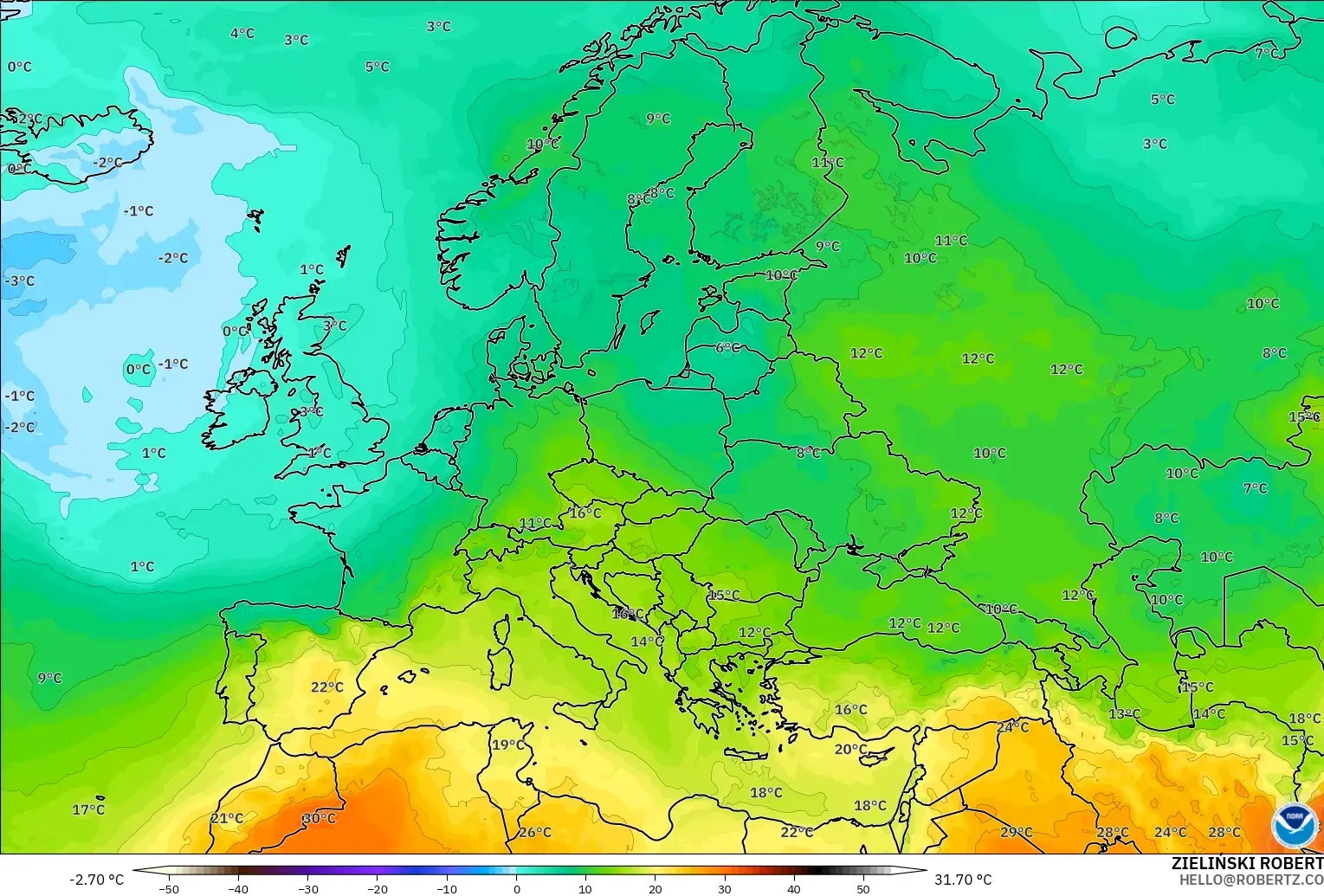 GFS model - Eropa, Suhu 850 hPa
