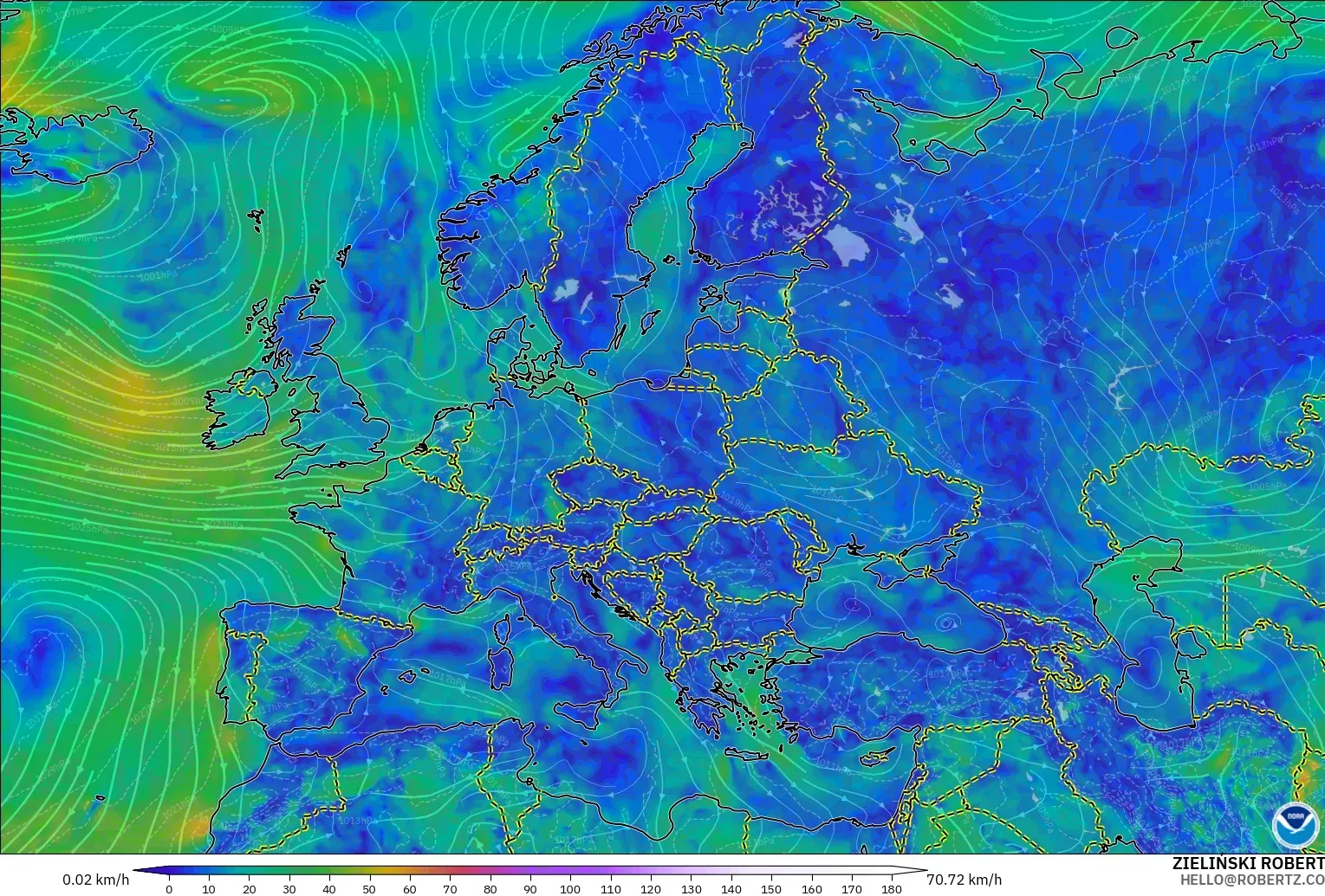 GFS modelo - Europe, Wind at 10m