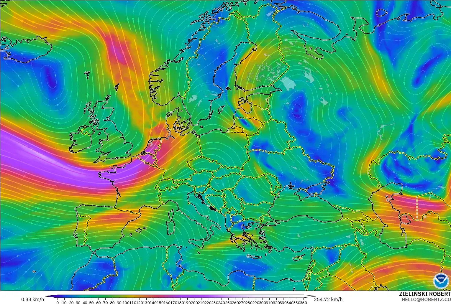 GFS modelo - Europe, Wind at 300hPa (jet stream)