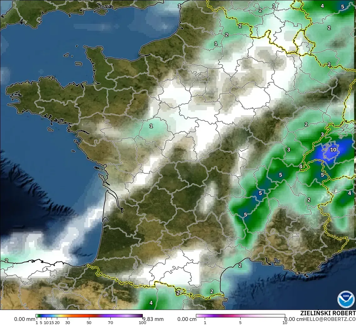 GFS modelo - France, Precipitation, Clouds, and Pressure