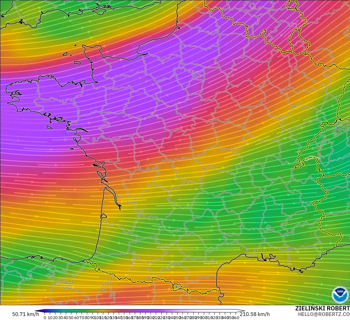 GFS modelo - France, Wind at 300hPa (jet stream)