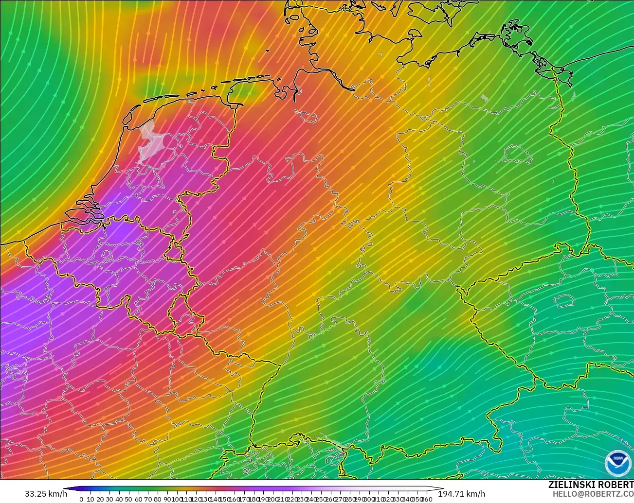 GFS model - Jerman, Angin 300 hPa (aliran jet)