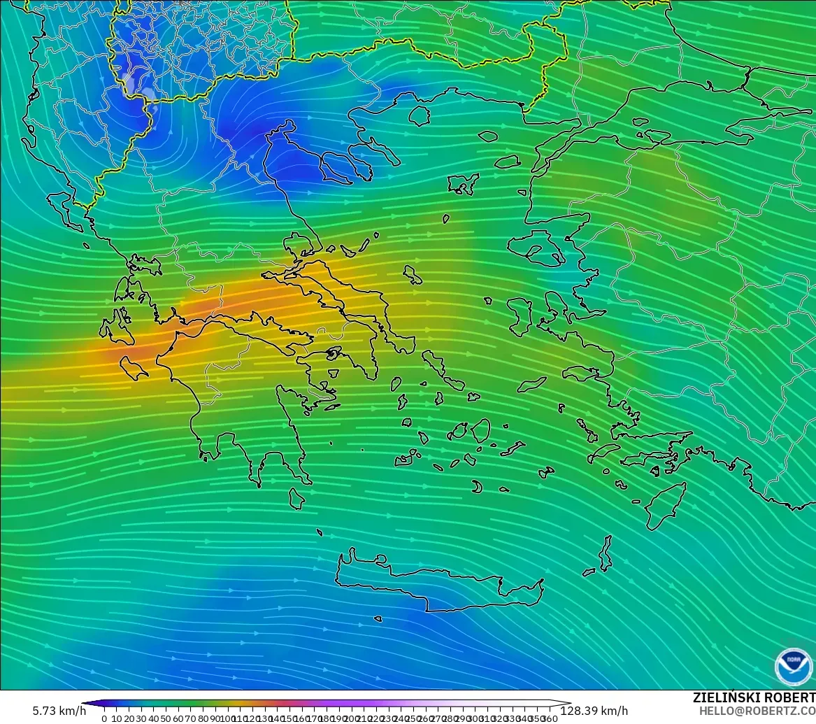 GFS modelo - Greece, Wind at 300hPa (jet stream)