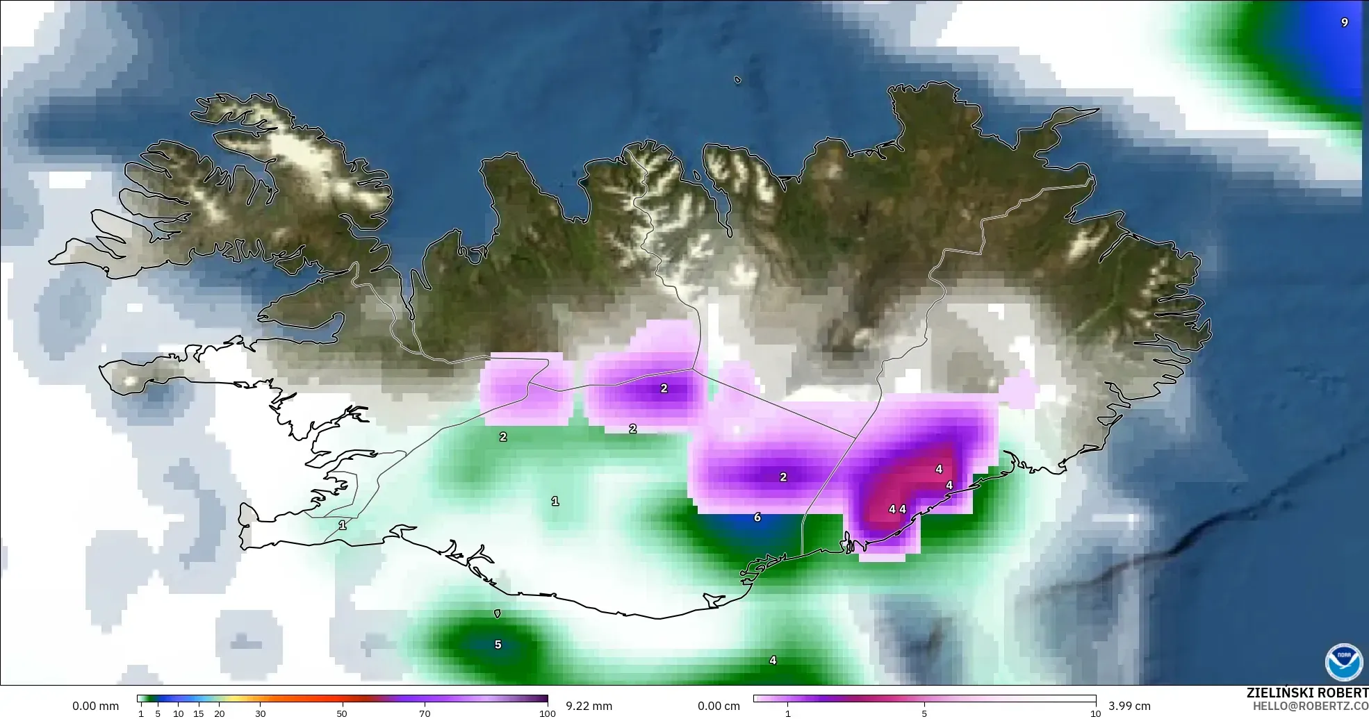 GFS modelo - Iceland, Precipitation, Clouds, and Pressure