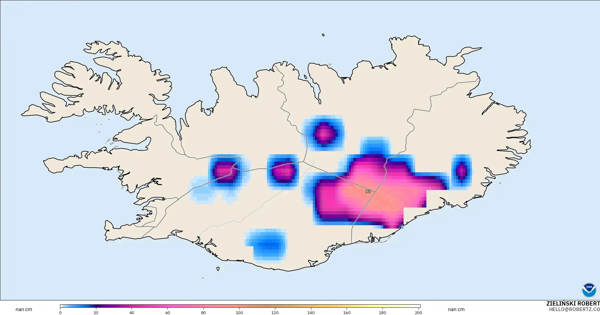 GFS model - Islandia, Kedalaman Salju