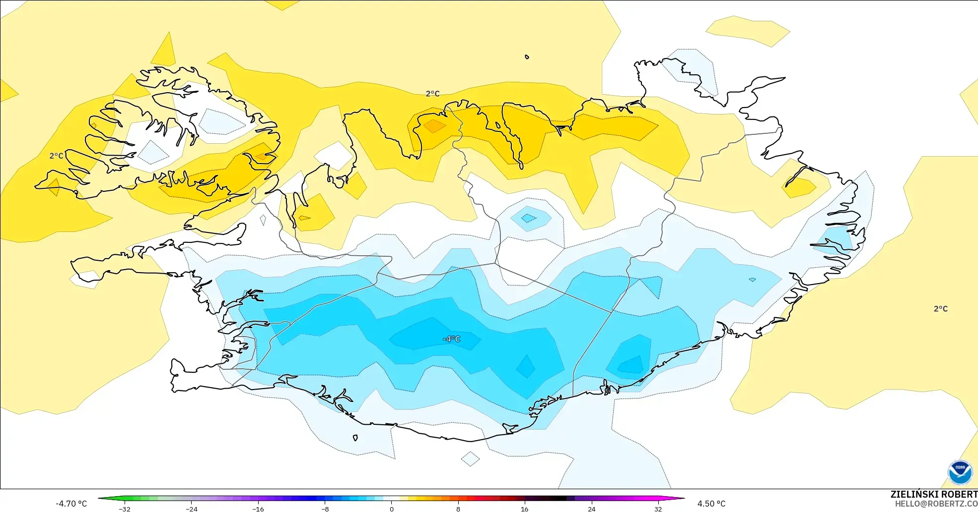 GFS modelo - Iceland, Temperature at 2m Anomaly