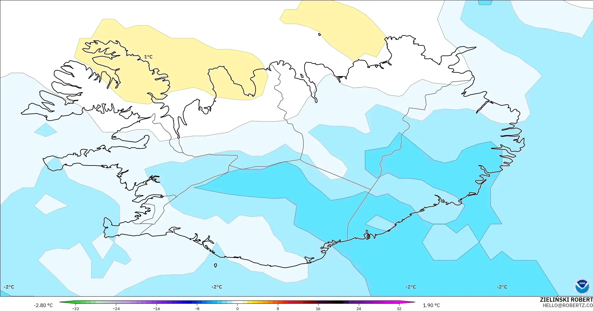 GFS model - Islandia, Anomali Suhu 850 hPa