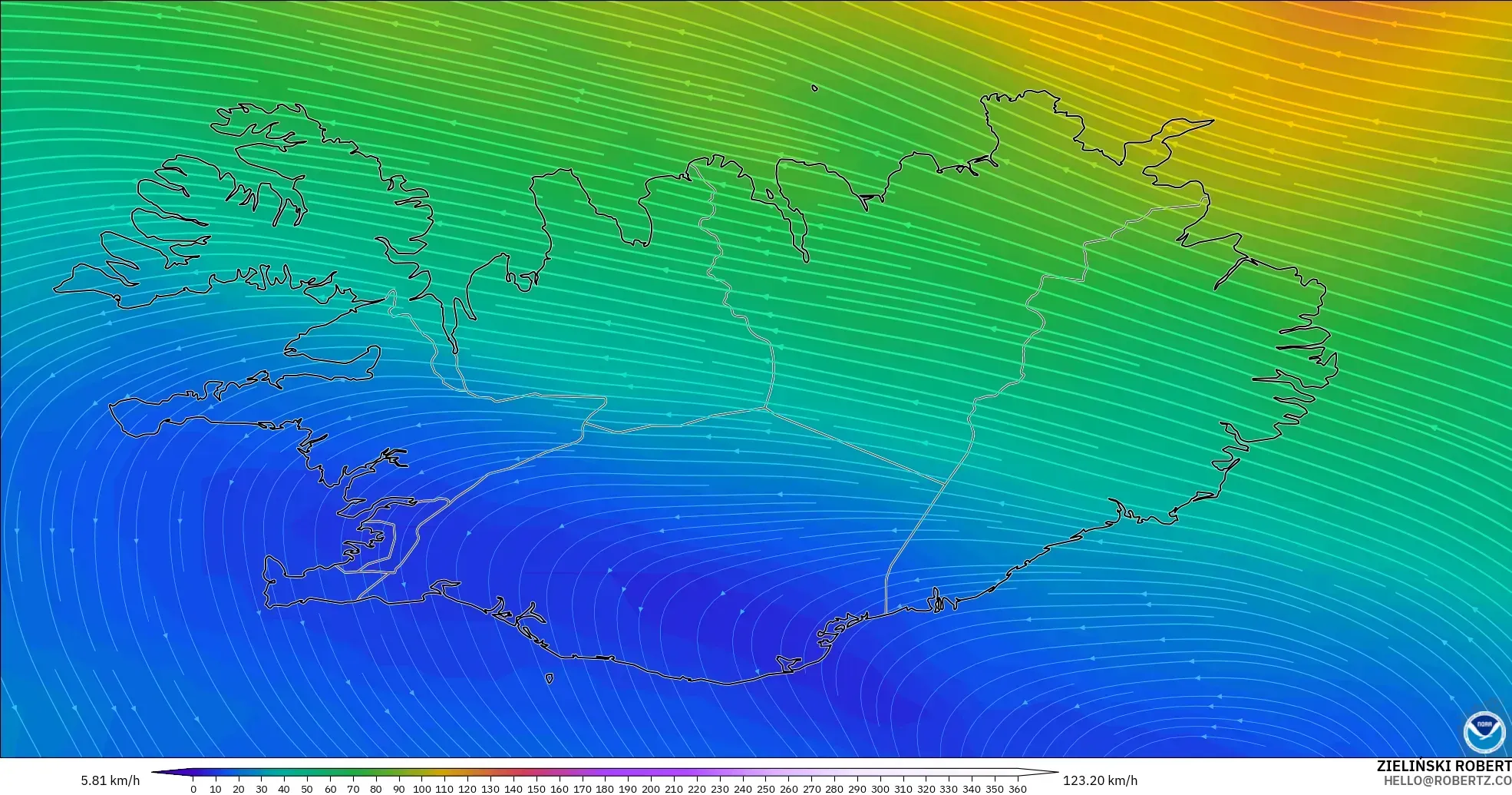 GFS model - Islandia, Angin 300 hPa (aliran jet)