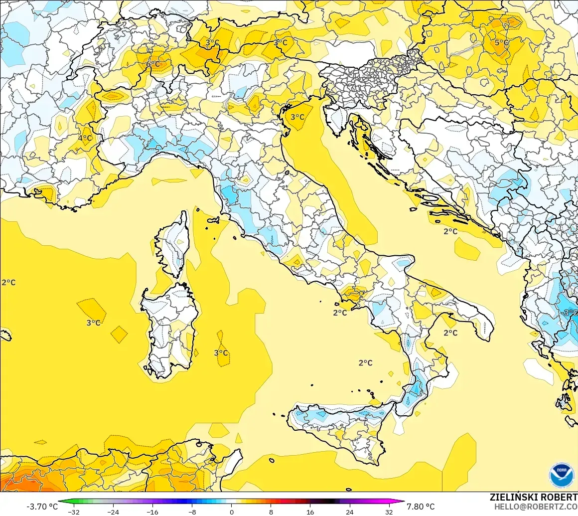 GFS modelo - Italy, Temperature at 2m Anomaly