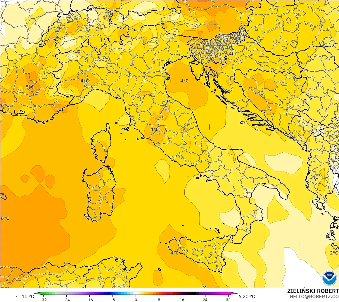 GFS model - Italia, Anomali Suhu 850 hPa
